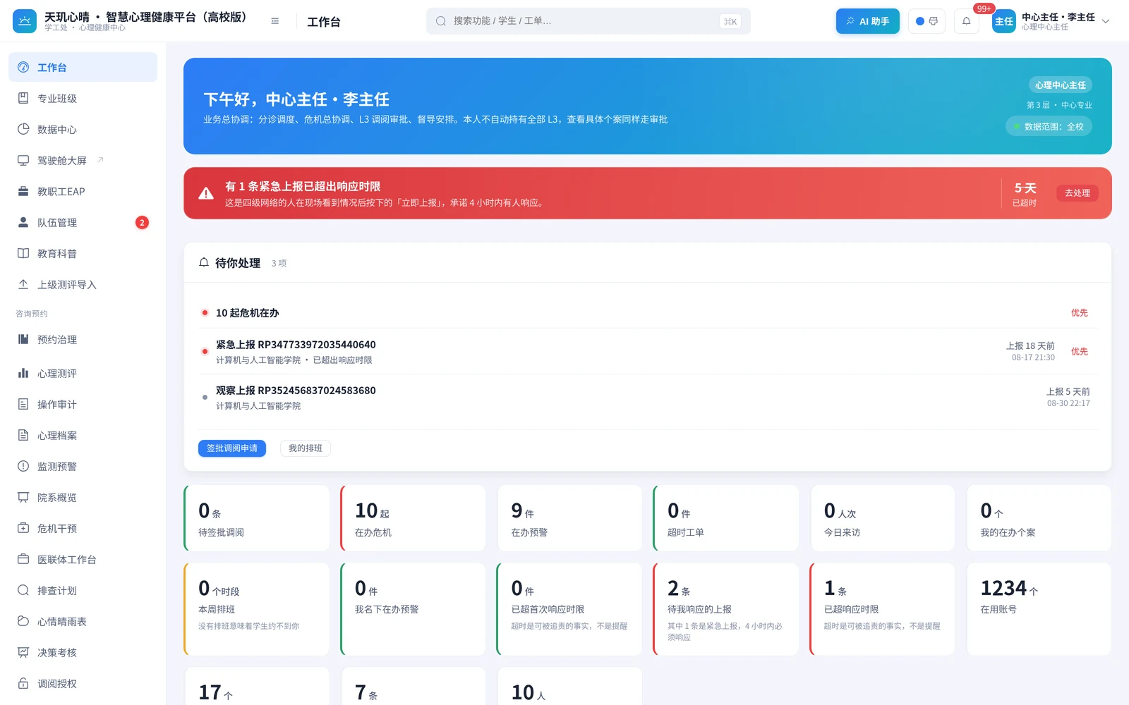 心理中心主任的工作台:待办、超时提醒与全校心理工作概况